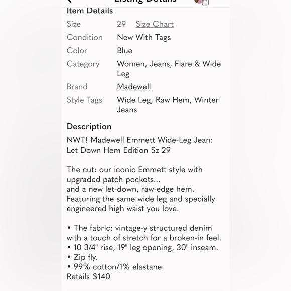 NWT Madewell Emmett Wide-Leg Jean: Let Down Hem Edition Sz 29W - Picture 12 of 12